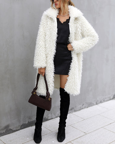 Open Front Fuzzy Coat Faux Fur Plush Lapel Warm Long Coat