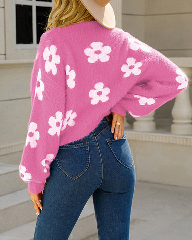 Cute Daisy Knit Cardigan Long Sleeve Casual Flower Open Front Sweater Tops