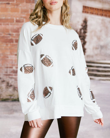 Sequin Patch Rugby Pullover Loose-Fit Long-Sleeved Sweatshirt with Round Neck
