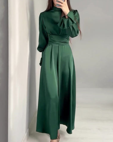 Long Sleeve Belted Puff Sleeve Green Elegant Dress
