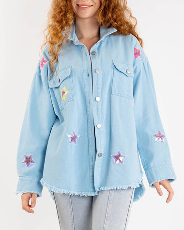 Long Sleeve star sequin shirt Button Down Basic Denim Jacket With Pockets