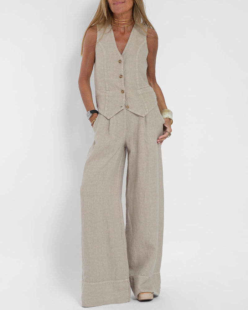 Effortlessly Chic Sleeveless Vest and Wide Leg Pants Set – Zeagoo