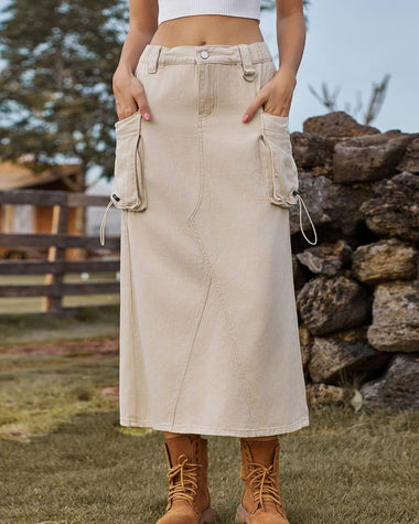 Casual High Waist Denim Midi Skirt Drawstring Adjustable Long Jeans Skirt with Pockets