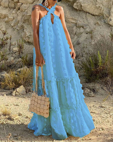 Flowy Cut Out Halter Neck Long Dress 3D Flower Chiffon Ruffle Frill Tr ZEAGOO Flowy Cut Out Halter Neck Long Dress 3D Flower Chiffon Ruffle Frill Tr ZEAGOO