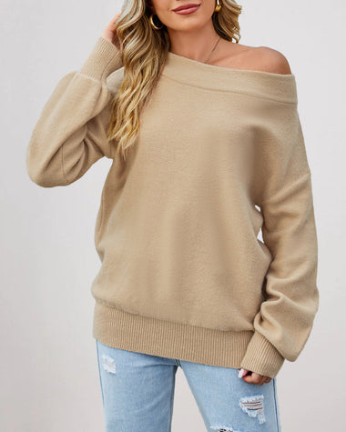 Off The Shoulder Sweater Boat Neck Long Sleeve Knit Tops