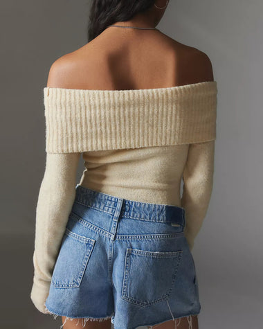 Chic Off Shoulder Sweater Solid Basic Sexy Slim Fit Crop Top