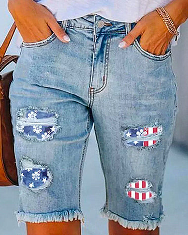 Independence Day Knee-Length Denim Shorts Flag Frayed Ripped Distressed Stretch Jeans