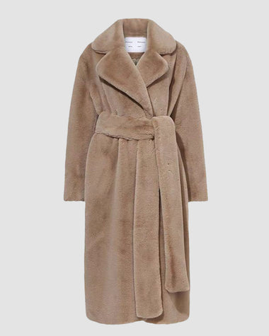 Women Warm Thick Coat With Belt Fax Fur  Long Coat