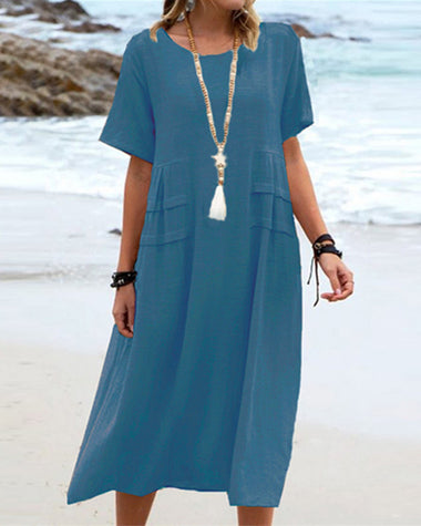 Solid Color Round Neck Short Sleeve Midi Dress Summer Holiday Casual Maxi Sundress