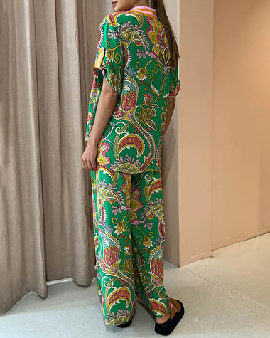 Summer Fashion Short Sleeve Baroque Totem Print Blouse With Wide Leg Pants Set