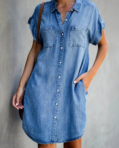 Denim Shirt Dresses Short Sleeve V Neck Jean Dress Button Down Casual Loose Fit Tunic Tops with Pockets