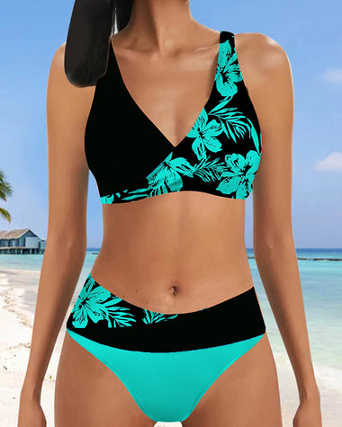 Floral Halter Swimsuits Front Cross Push Up High Waist Tummy Control Bikinis Set