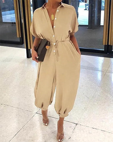 Solid Color Lapel Slim Long Single-Breasted Rompers Short Sleeve Jumpsuits