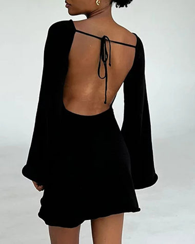 Elegant Backless Lace-up Bell Sleeve Mini Dress