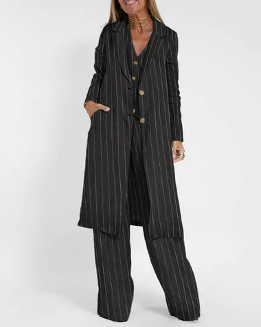 Casual Stripes Slim Fit Long Blazers Collar Jacket With Flap Pockets