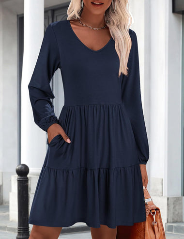 Zeagoo Women's Long-Sleeve V-Neck Winter Dress, Tunic Dress, Elegant Autumn Dress, Midi Dress with Pockets, S-XXL ZEAGOO Zeagoo Women's Long-Sleeve V-Neck Winter Dress, Tunic Dress, Elegant Autumn Dress, Midi Dress with Pockets, S-XXL ZEAGOO