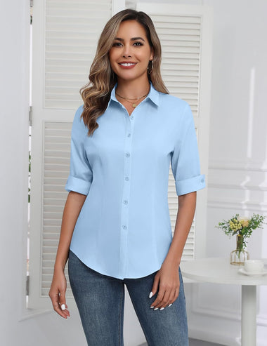 3 4 dress shirts Womens 3/4 Sleeve Stretch Dress Shirt