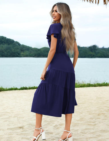 Zeagoo Women's Casual Dress Flutter Button Down Tiered Flowy Dress ZEAGOO Zeagoo Women's Casual Dress Flutter Button Down Tiered Flowy Dress ZEAGOO