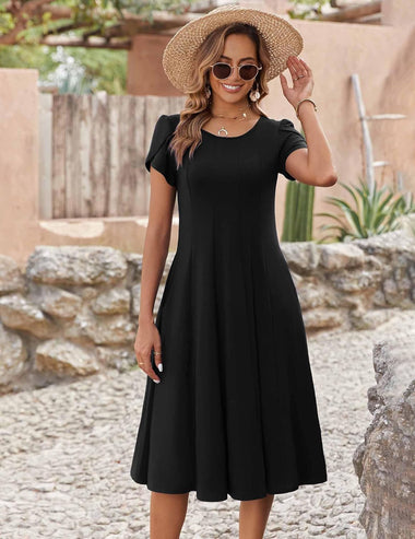 Zeagoo Womens Casual Dress Short Sleeve Pleated Loos