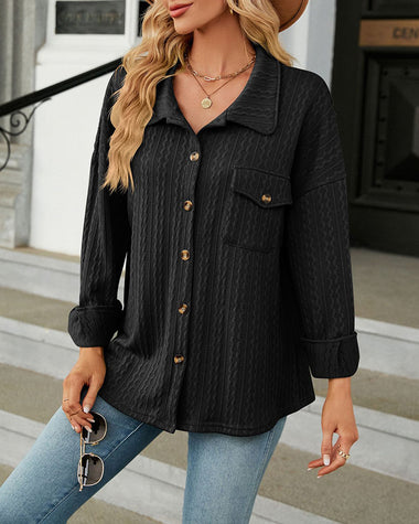 Solid Color Turn-Down Collar Twisted Knit Long Sleeve Loose Jacket