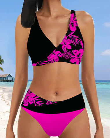 Floral Halter Swimsuits Front Cross Push Up High Waist Tummy Control Bikinis Set