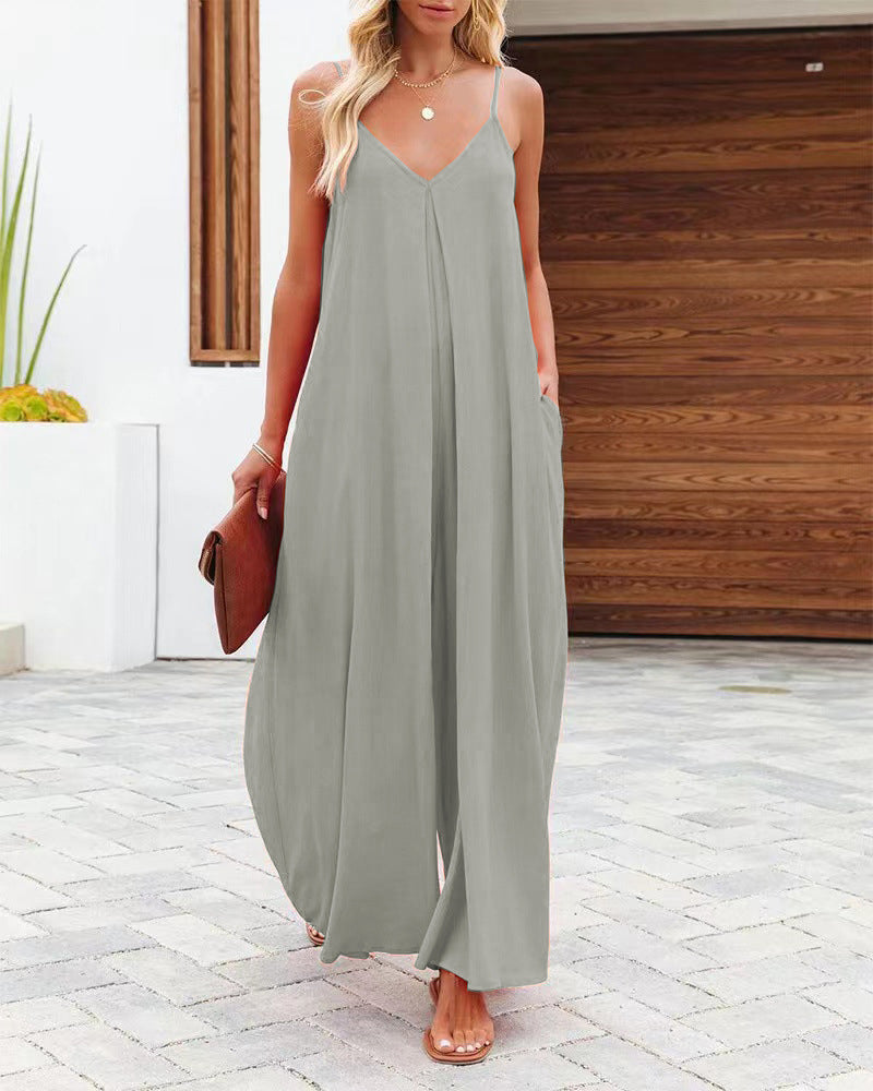 Summer Solid Color V Neck Suspenders Wrapped Wide Leg Long Rompers Pan ...