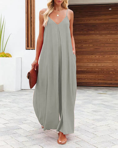 Summer Solid Color V Neck Suspenders Wrapped Wide Leg Long Rompers Pant Jumpsuits