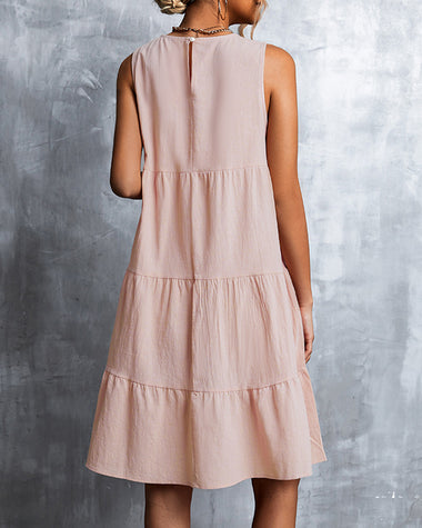 Casual Solid Sleeveless Sundress Round Neck A Line Pleated Mini Short T Shirt Dress