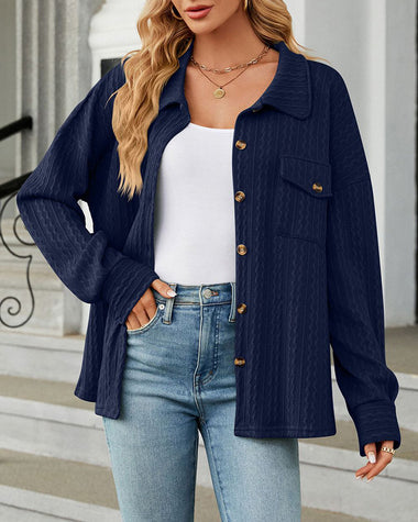 Solid Color Turn-Down Collar Twisted Knit Long Sleeve Loose Jacket