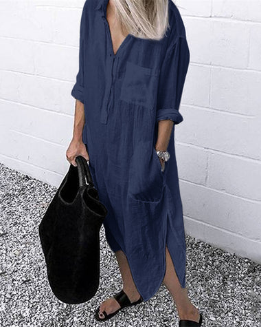 Lapel Casual Shirt Dresses Long Sleeve Pocket Sommer Maxi Dresses