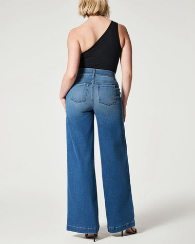 seamed front wide leg jeans elastic waist stretch denim flare jeans
