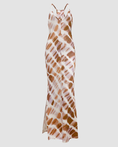 Sling V-neck Slit Print Sexy Mid-waist Maxi Dress