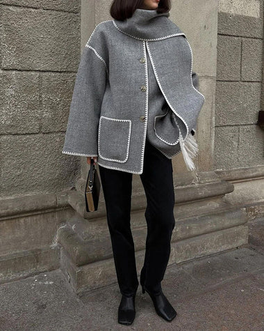 Women's Thickened Loose Woolen Coat with Fringed Scarf