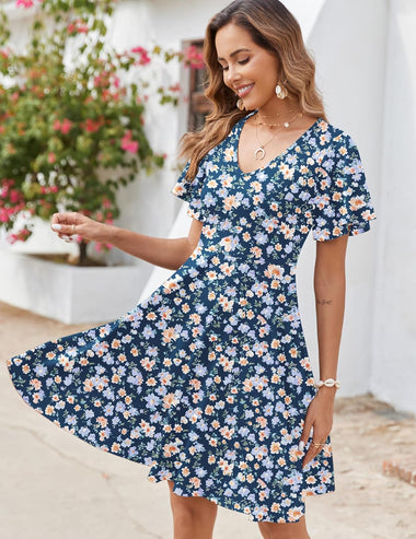 Zeagoo Womens Casual Swing Floral Ruffle Short Sleev