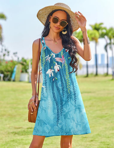 boho tank dress purcolt Womens Floral Boho Tank Dress Summer Casual Sleeveless V Neck Swing Mini Dress Beach Vacation Sundresses Swimsuit Coverups
