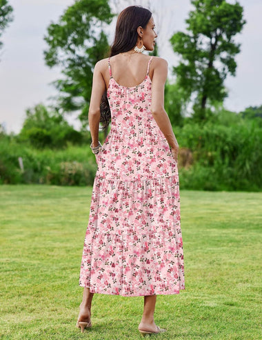 dress flowers casual Open-Back Pleated Pink Floral Summer Maxi Blush Pink Floral / Large or on a beach holiday Womens Plus Size Summer Dresses,