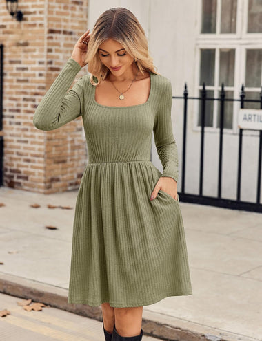 Zeagoo Womens Casual Sweater Dress Square Neck Knit Long Sleeve Dress ZEAGOO Zeagoo Womens Casual Sweater Dress Square Neck Knit Long Sleeve Dress ZEAGOO