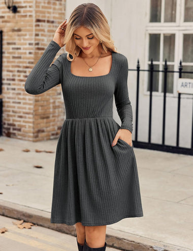 Zeagoo Womens Casual Sweater Dress Square Neck Knit Long Sleeve Dress ZEAGOO Zeagoo Womens Casual Sweater Dress Square Neck Knit Long Sleeve Dress ZEAGOO