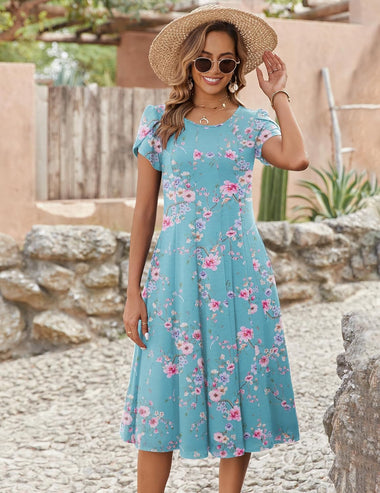 Zeagoo Womens Casual Dress Short Sleeve Pleated Loos... - Zeagoo Light Blue Floral / XXL Zeagoo Womens Casual Dress Short Sleeve Pleated Loos... - Zeagoo Light Blue Floral / XXL