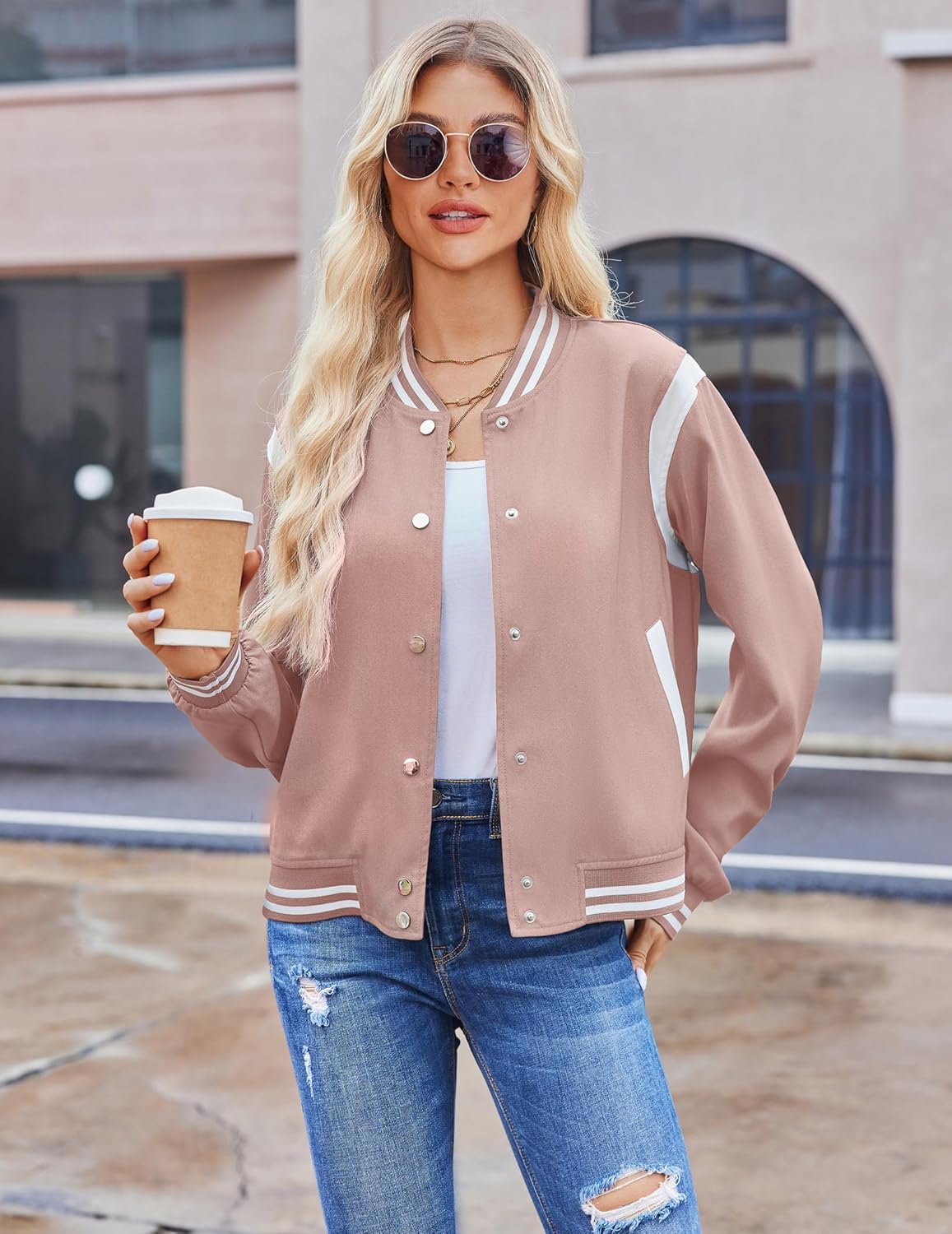 Zeagoo Women's Bomber Jacket Casual Striped Button Down Coat