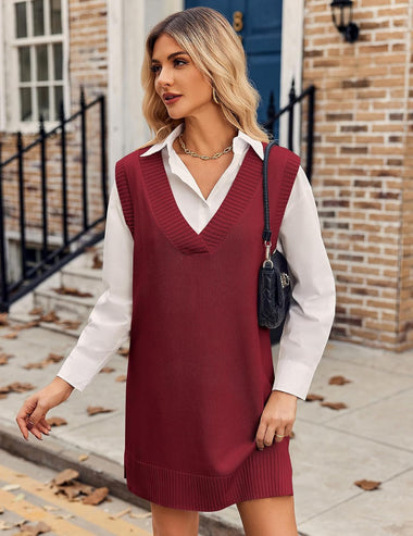 Zeagoo Women's Oversized Sweater Vest Dress V Neck K... - Zeagoo Beige / M(6) Zeagoo Women's Oversized Sweater Vest Dress V Neck K... - Zeagoo Beige / M(6)