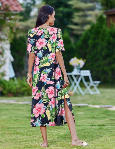 flowery summer casual dresses ociviesr Women Casual Boho Print Zipper V Neck Sleeveless Long Dress Holiday Dress Floral Summer Dresses for Women Women's Summer Dresses Casual, Size
