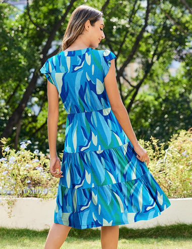 Zeagoo Casual Ruffle Sleeve V Neck Midi Dress - Zeagoo ZEAGOO Zeagoo Casual Ruffle Sleeve V Neck Midi Dress - Zeagoo ZEAGOO