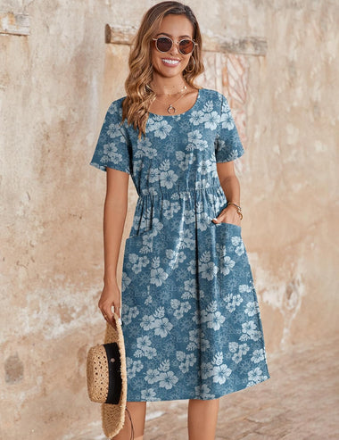 Zeagoo Womens Midi Dress Short Sleeve A-Line Cotton