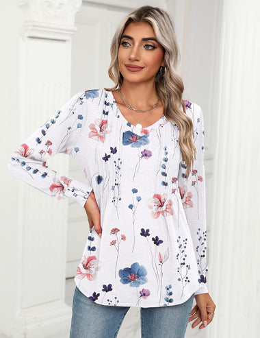 Zeagoo Women'S Puff Long Sleeve Shirts Pleated V Neck Tunic Tops