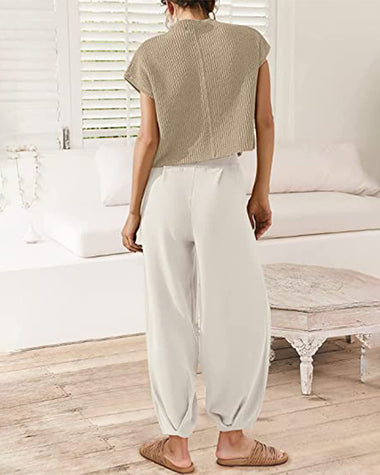 short sleeve pullover tops solid color high waisted lounge pants two piece matching sets