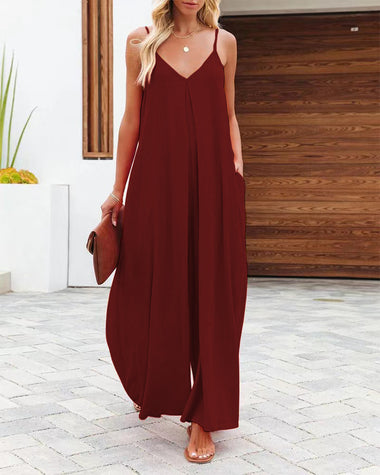 Summer Solid Color V Neck Suspenders Wrapped Wide Leg Long Rompers Pant Jumpsuits