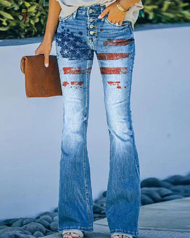 Independence Day Multi Button High Waist American Flag Printed Flare Leg Jeans