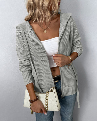 Long Sleeve Zipper Knitted Cardigan Hoodie Casual Short Sweater Outerwear