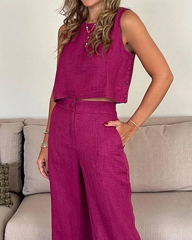 Chic Two Piece Outfits Sleeveless Crop Tops Wide Leg Pants Set